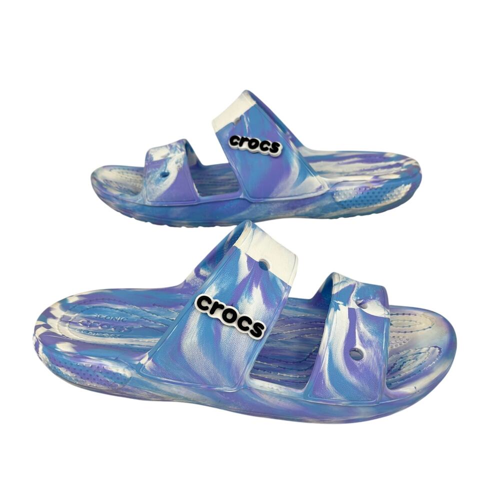 Crocs Sandals Womens Size 9 Marbled Blue Purple White Two Strap Iconic Comfort